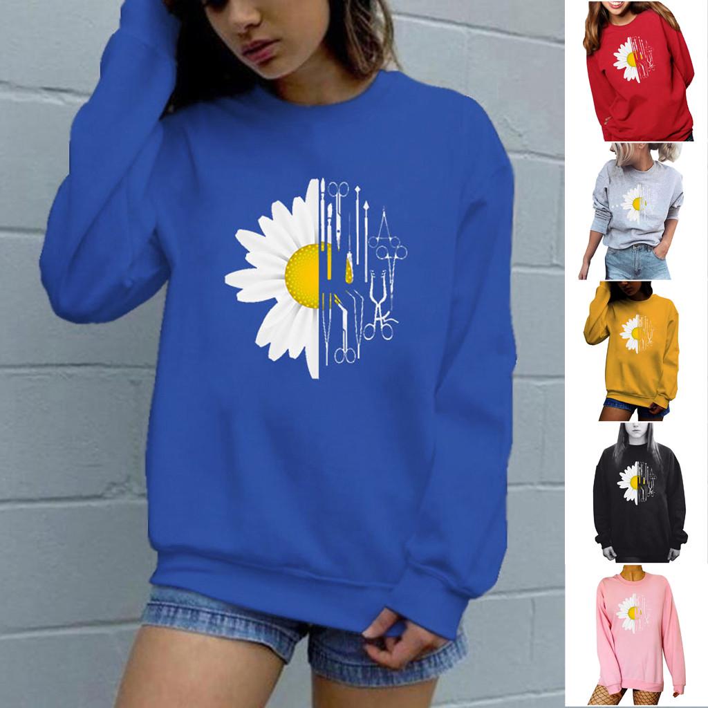 

женщины Случайный Цветок Печатные Loose Sweatshirt Длинные рукава Pullover Топы Блузка