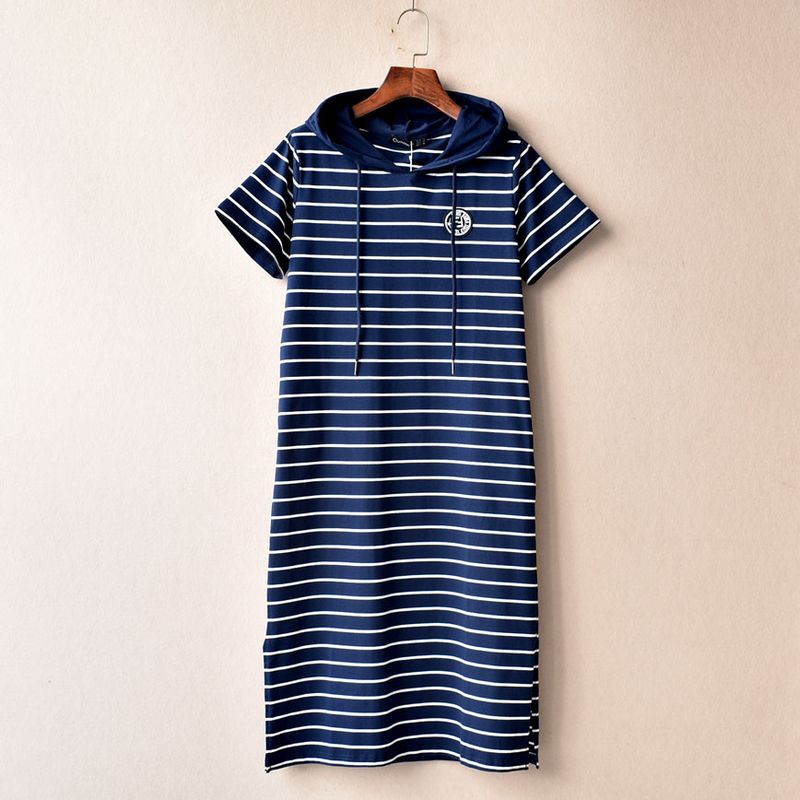 

Spring and Summer New Arrival Pure Cotton Stripes Hooded Short Sleeve Dress Casual Loose plus Size Slit over the Knee Midi Skirt Blue and White Stripes XL