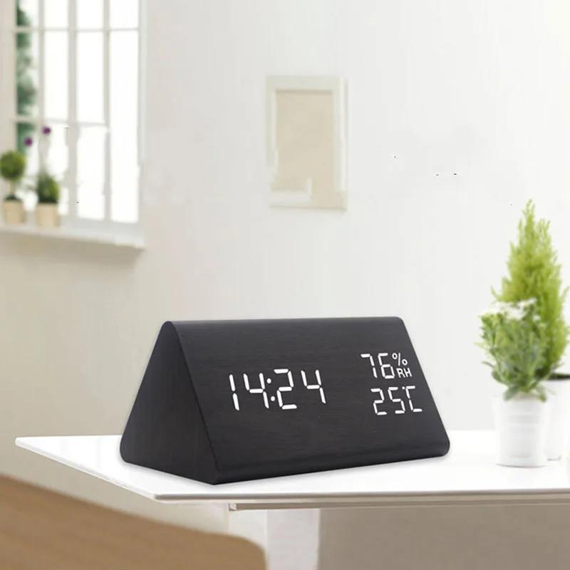 Nowoczesny cyfrowy budzik led z drewna kontrola dźwięku kryty termometr higrometr czas dekoracja biurka