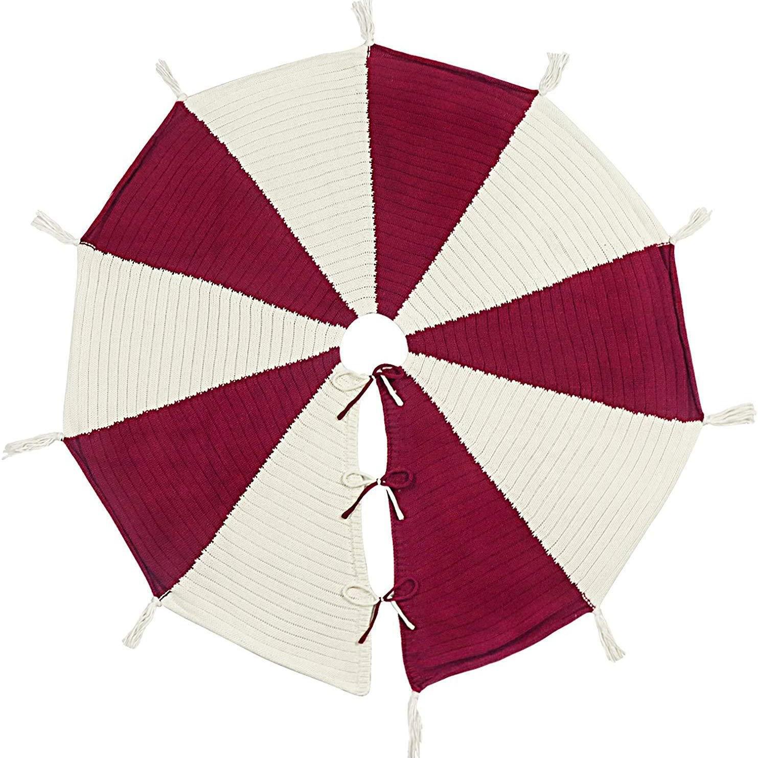 New Christmas Tree Skirt with Red & White Tassels - Knitted Tree Bottom Ornaments Diameter 122CM/48 inches красный