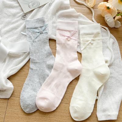 Women's Summer Thin Ribbon Bow Button Mesh Hollow Breathable Boneless Tube Stack Socks