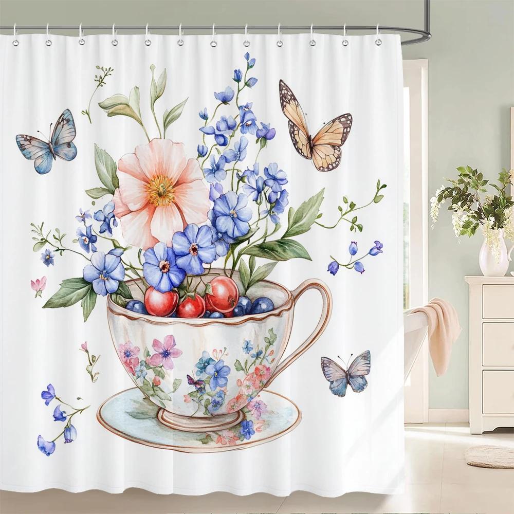 Beautiful Flowers Butterfly Shower Curtain Blue Floral Printed Bathroom Bath Curtain Home Decoration Curtain With Hooks