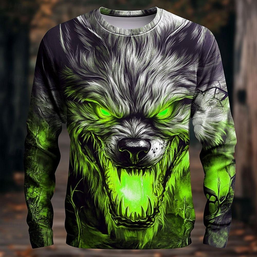 2025 Fall Halloween Wolf Printed Long Sleeve T-Shirts For Men Vintage Streetwear Casual Tops Halloween Theme Casual Tees Winter