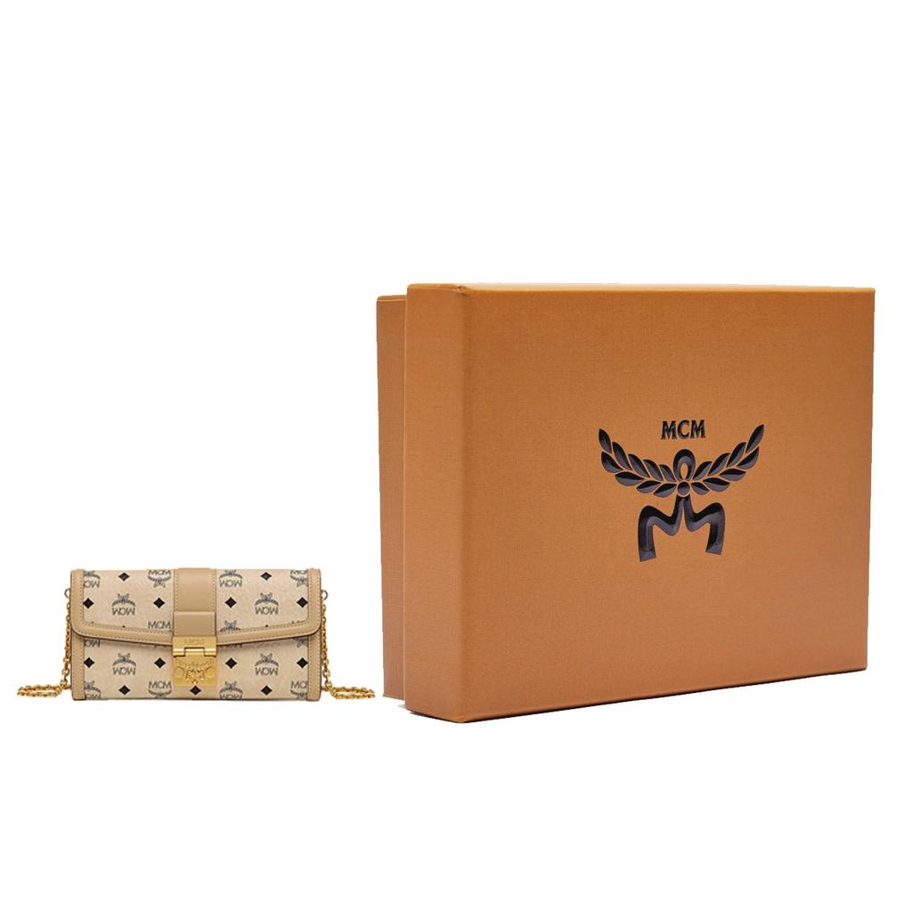 MCM Tracy Metall-Logo Monogramm-Print Ketten-Schultergurt Beschichtetes Canvas und Lederbesatz Große Crossbody-Tasche Damen Crossbody-Tasche Beige MYLDSXT01I8001