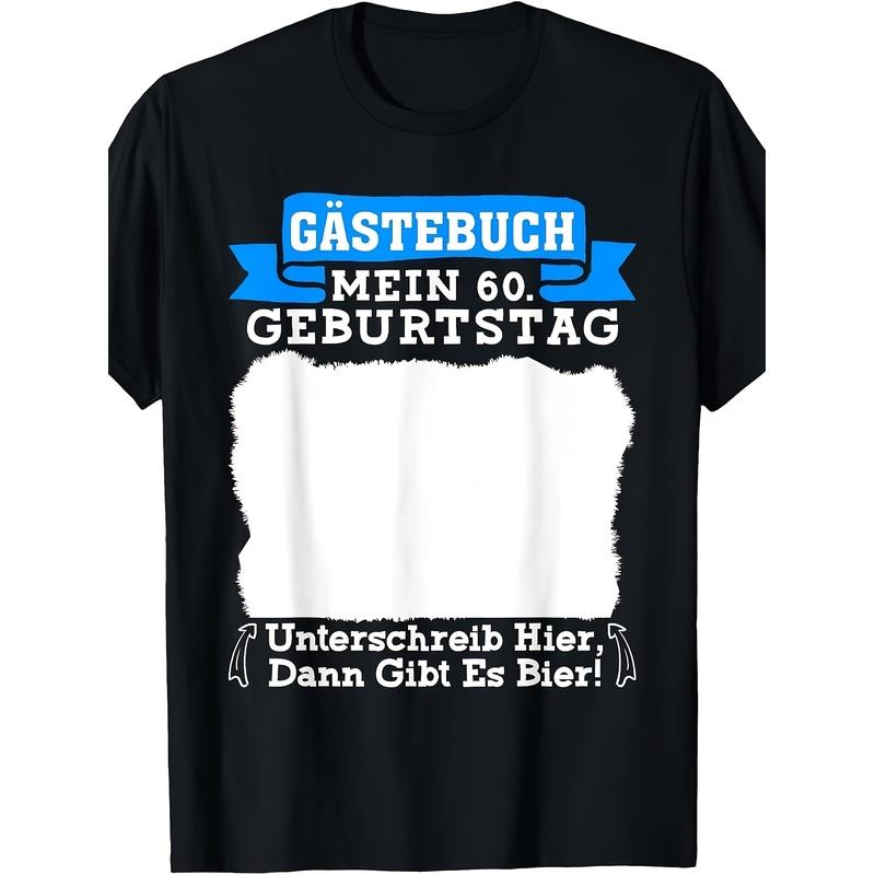 Guest Book My 60th Birthday Sign Here Party T-shirt Black, Casual Crew Neck, Slight Stretch Fabric, Regular Fit, Geometric-pattern, Perfect for Men