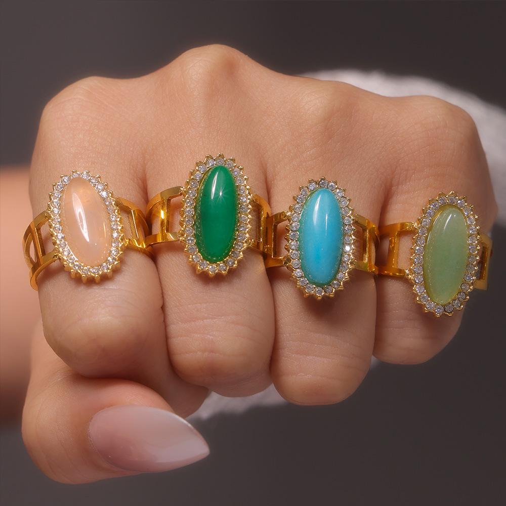 3A Zircon Inlaid Natural Stone Opening Ring 316 Titanium Steel Plated with 18K Gold Adjustable