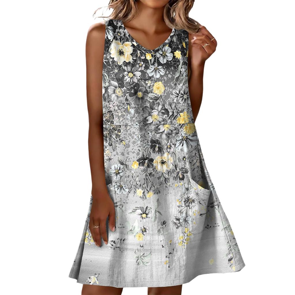 Summer Dresses For Women Loose Beach Vacation Casual Sleeveless V-neck  Sundresses With Pockets Tank Dress