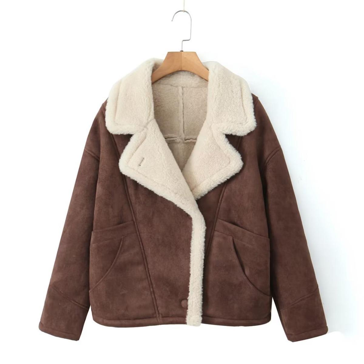Women s Turn Down Collar Long Sleeve Shearling Jacket Loose Fit Streetwear Fleece Lined Coat S