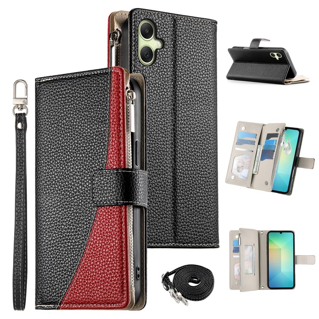 For Samsung Galaxy A06 4G Case Zipper Wallet Color Splicing Leather Flip Phone Cover with Straps