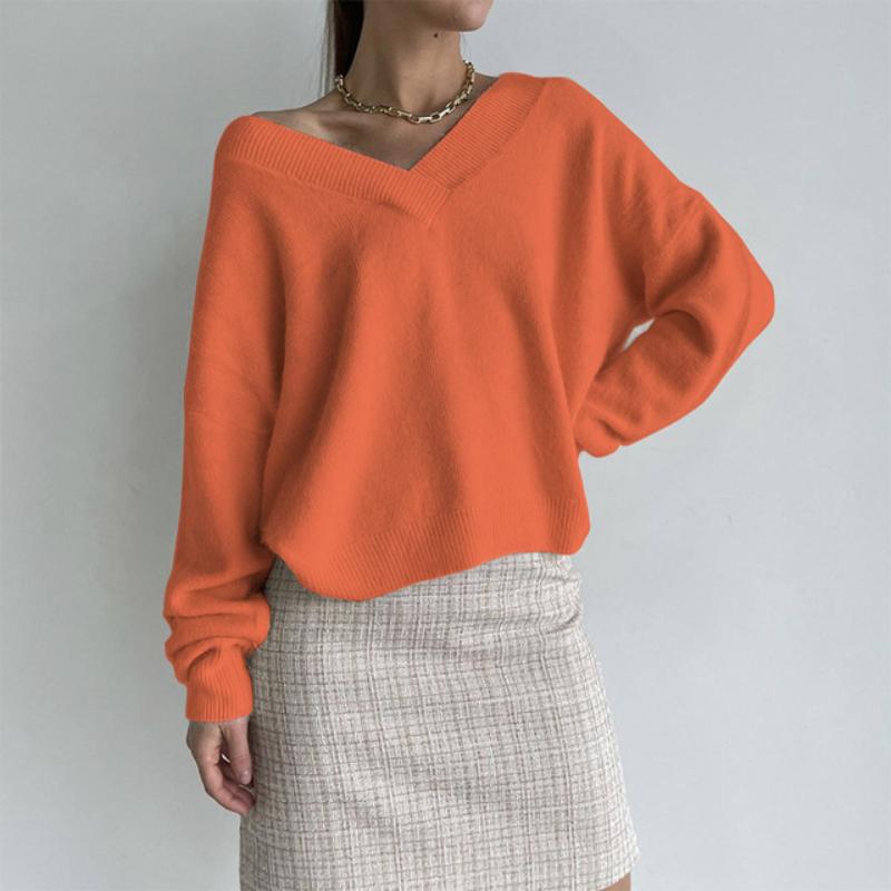 Women's Temperament Solid Knit Sweater V-neck Long Sleeve Faux Mink Hair Soft Loose Knit Top Fashion Lazy Style Simple Casual Sweater