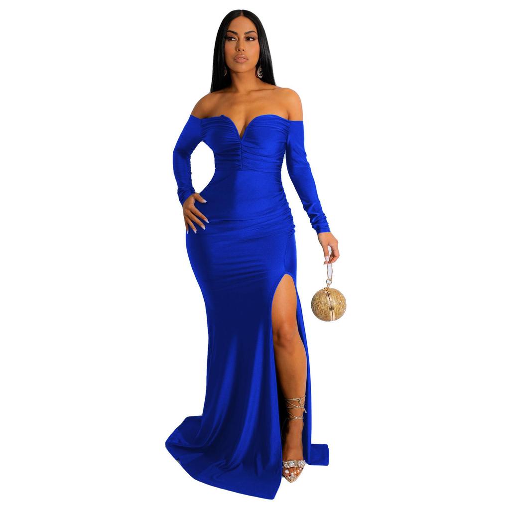 AL228 European & American Women's Silk Long Sleeve Floor-Length Dress