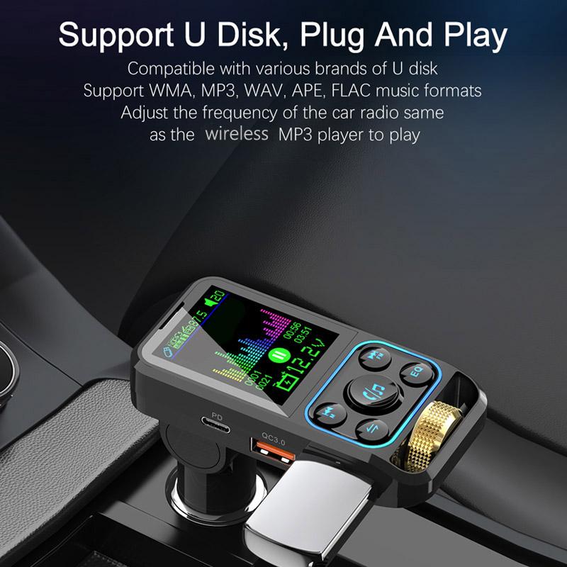 FM Transmitter Car Wireless Handsfree Car Kit AUX Audio Receiver QC3.0 PD 30W Fast Charging Mp3 Player FM Modulator