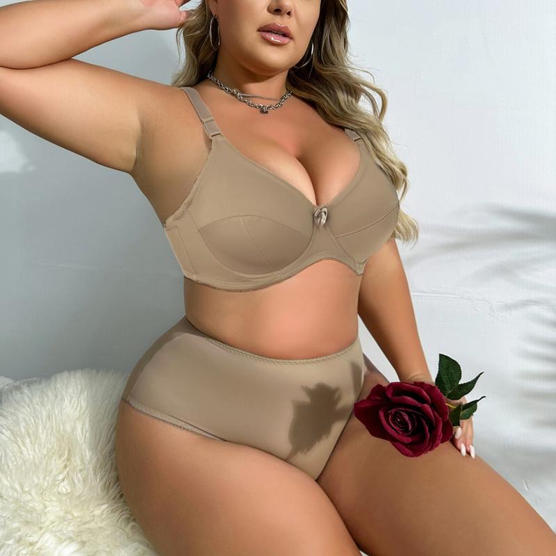 Women Plus Size Thin Lingerie Sets Bow with Wire Brassiere Comfortable Panties 36-48 C D E F Cup-398