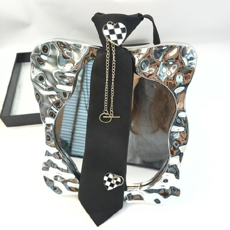 Student Pre Tied Neck Ties Preepy Look Heart Pin Metal Chain Dark Tie Cravat Vintage Neck Wear Accessories