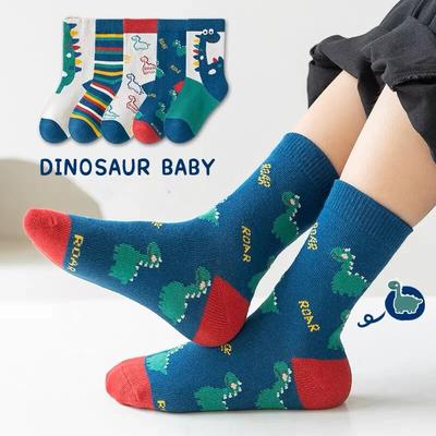 5 Paare Mädchen Mittelhohe Socken Herbst Winter Neuer Stil Kindersocken Mittelhoch Lang Dinosaurier Cartoon Design Jungen Mädchen 1-14 Jahre