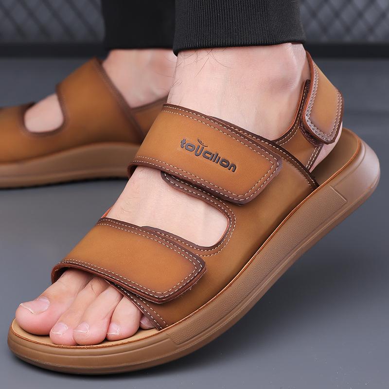 Men's Leather Sandals 2025 Summer Commuter Outdoor Casual Anti-slip Flip-flops Male Fashion Solid Color Designer Sandals Man