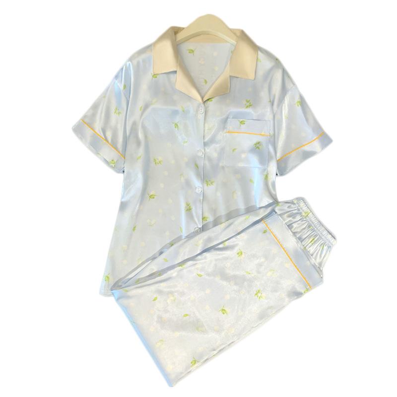 Summer Small Fresh Japanese Style Floral Short-Sleeved Pajamas Women'S Ice Silk Outer Wear Suit