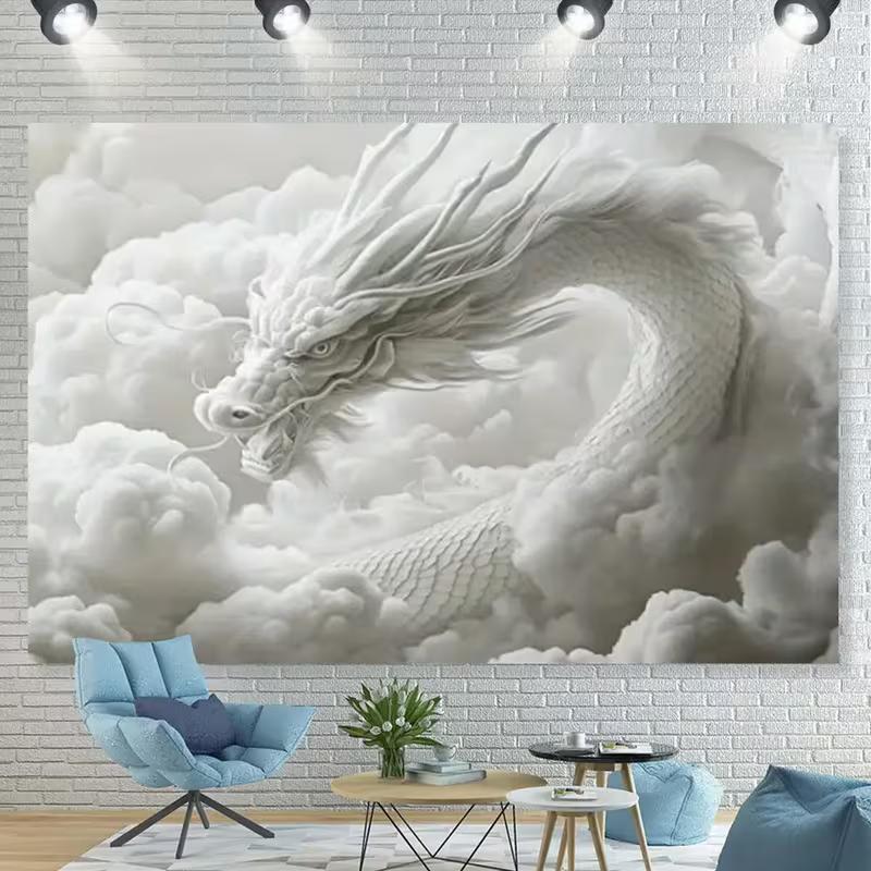 2D Majestätischer Chinesischer Drache Wandteppich Weiße Wolken Mystischer Wandhintergrund