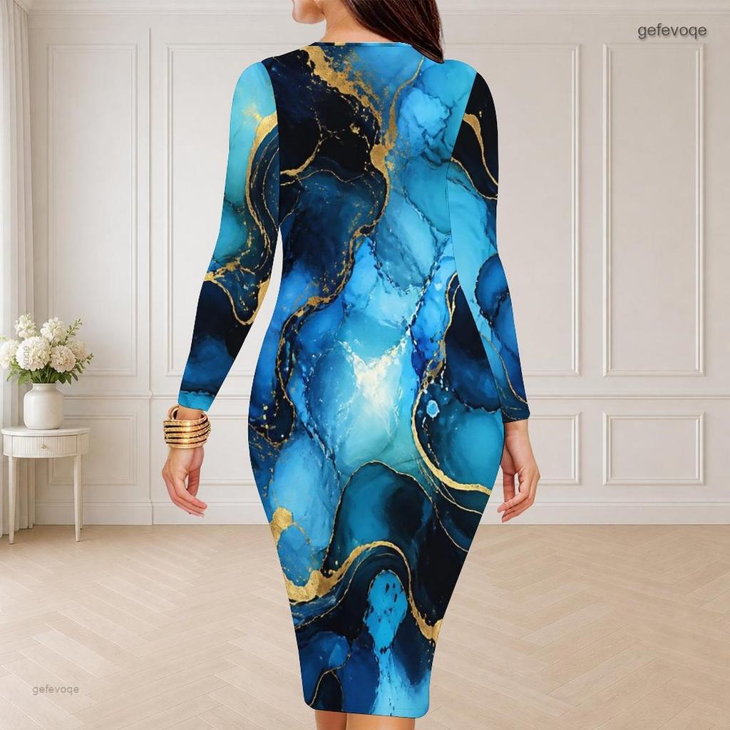 Women Plus Size Round Neck Long Sleeve Blue Gold Printed Bodycon Midi Dress