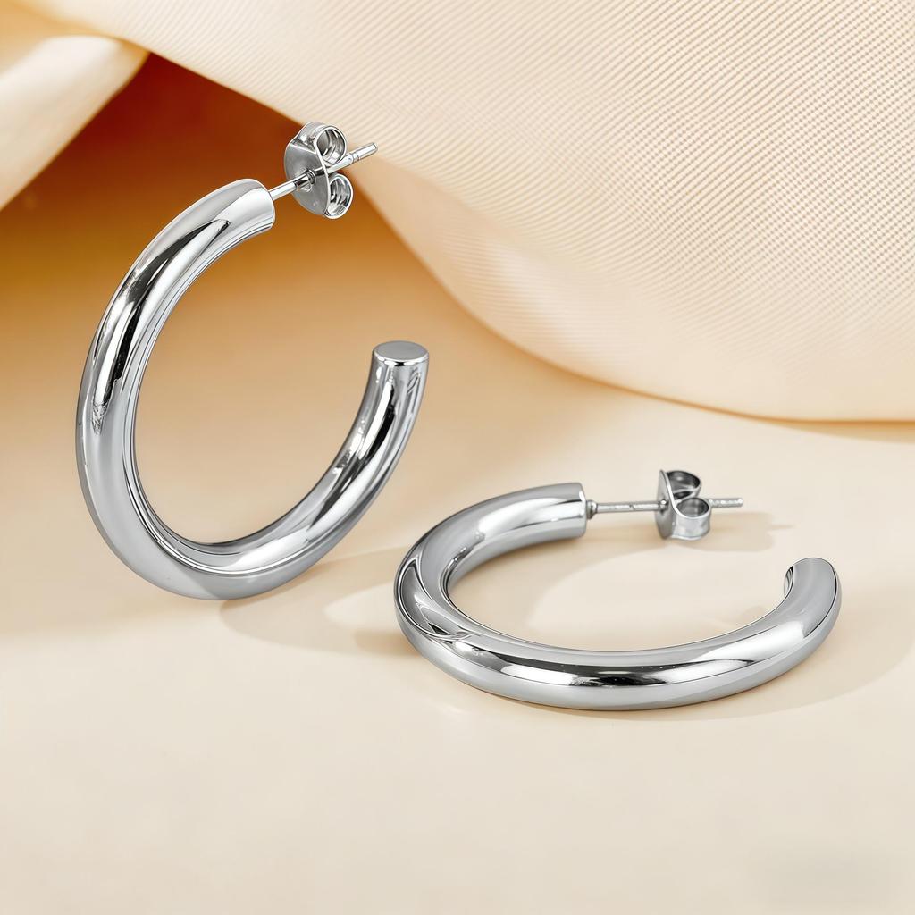 European American Classic Smooth C-Shaped Hoop Titanium Steel Retro Earrings for Women