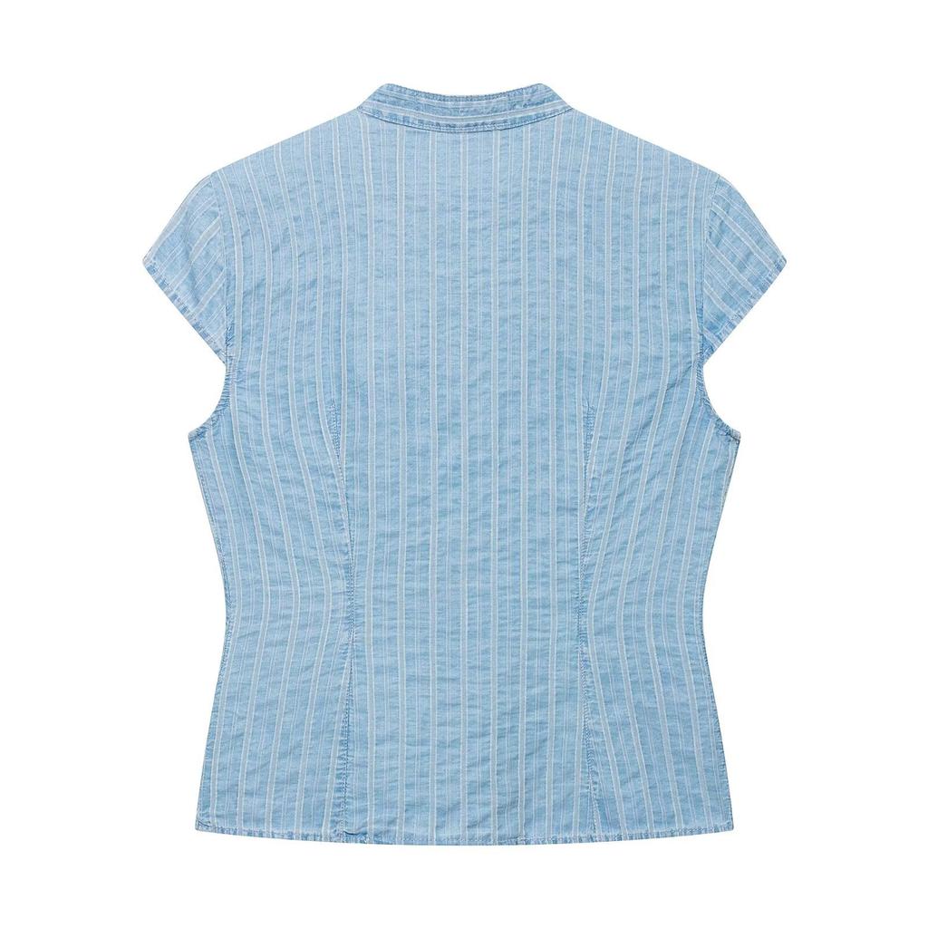 European and American style, wholesale women's clothing, fashionable striped double-breasted top + mini striped shorts