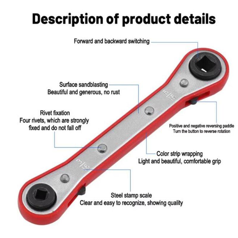 Refrigeration Ratchet Wrench Conditioning Service Wrench 4 Different Sizes 1/4 X 3/16 Square X 3/8 X 5/16 Square