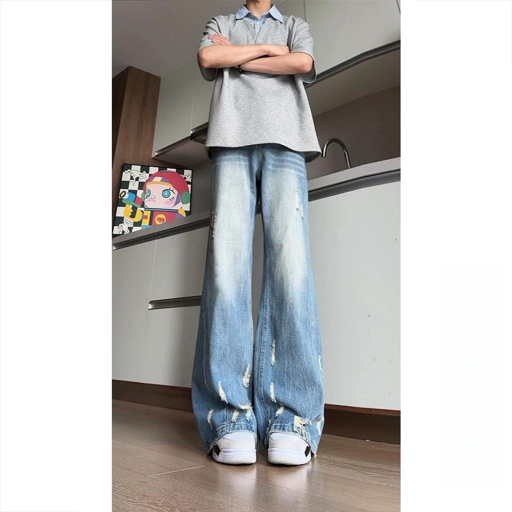 American vibe pants slightly pull jeans men's trendy design sense splicing washed retro ripped wide-leg trousers