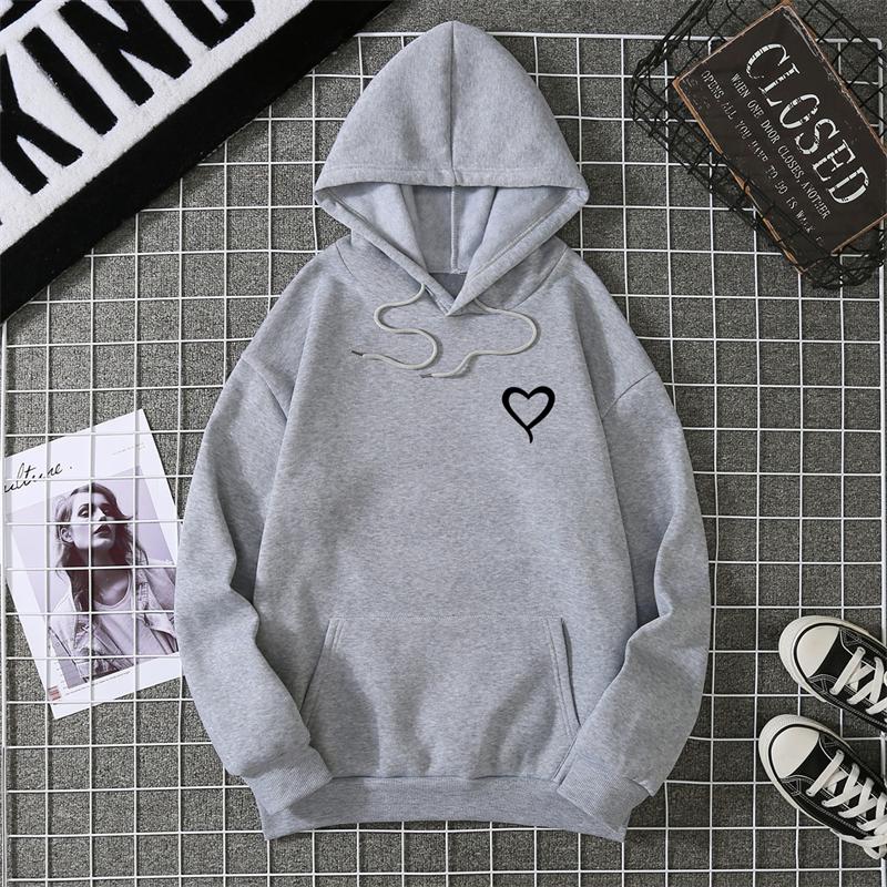 Simplic Heart Print Women Sweatshirt Soft Casual Loose Vintage Female Hoodies Winter Warm Fleece Student Tops