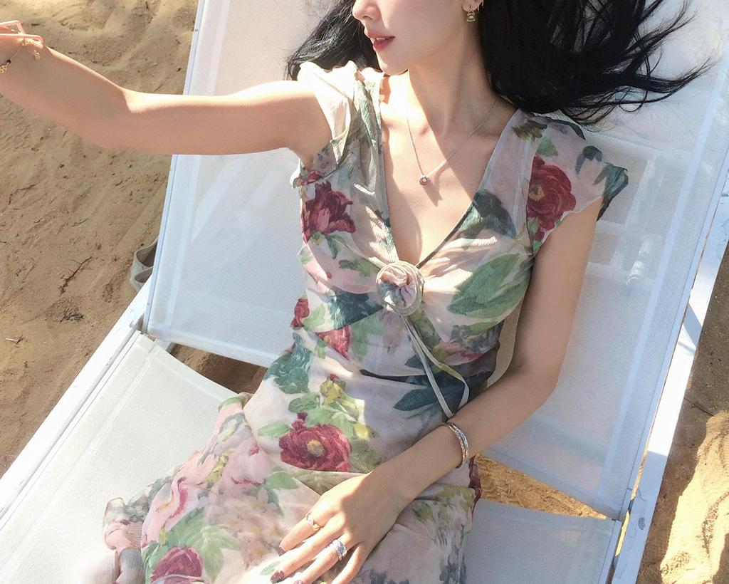 Boho asymmetrisches tief ausgeschnittenes langärmeliges zweiteiliges Kleid