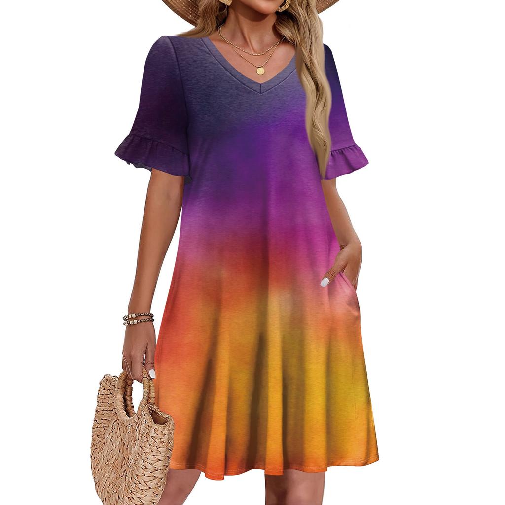 Women A Line Sun Dress Short Sleeve V Neck Printed Dress With Pockets