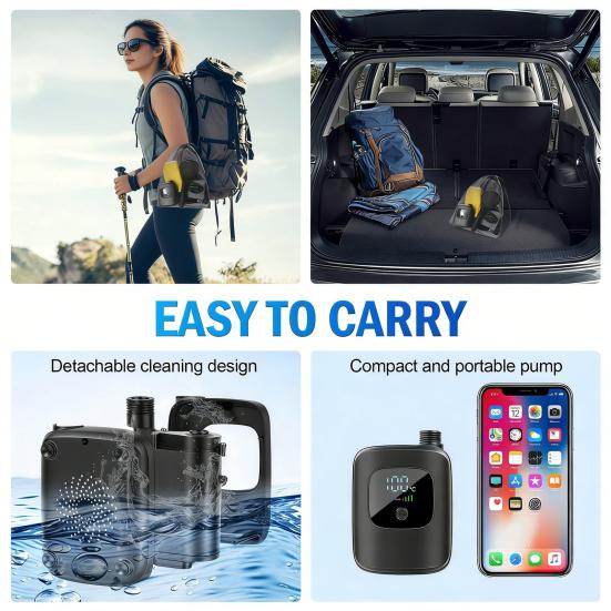 Przenośny prysznic kempingowy z wyświetlaczem LED, bateria 2400 mAh, czas użytkowania 180 min, 4 tryby prysznica, regulowane ciśnienie wody, szybkozłączka, pompa prysznicowa outdoor