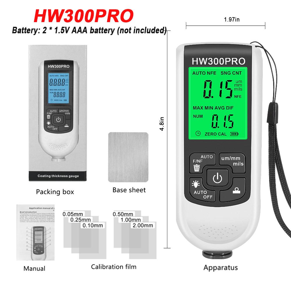 0-2000UM Thickness Gauge Digital Automobile Film Thickness Meter Car Paint Coating Thickness Tester 3 Probe 3Units Switching