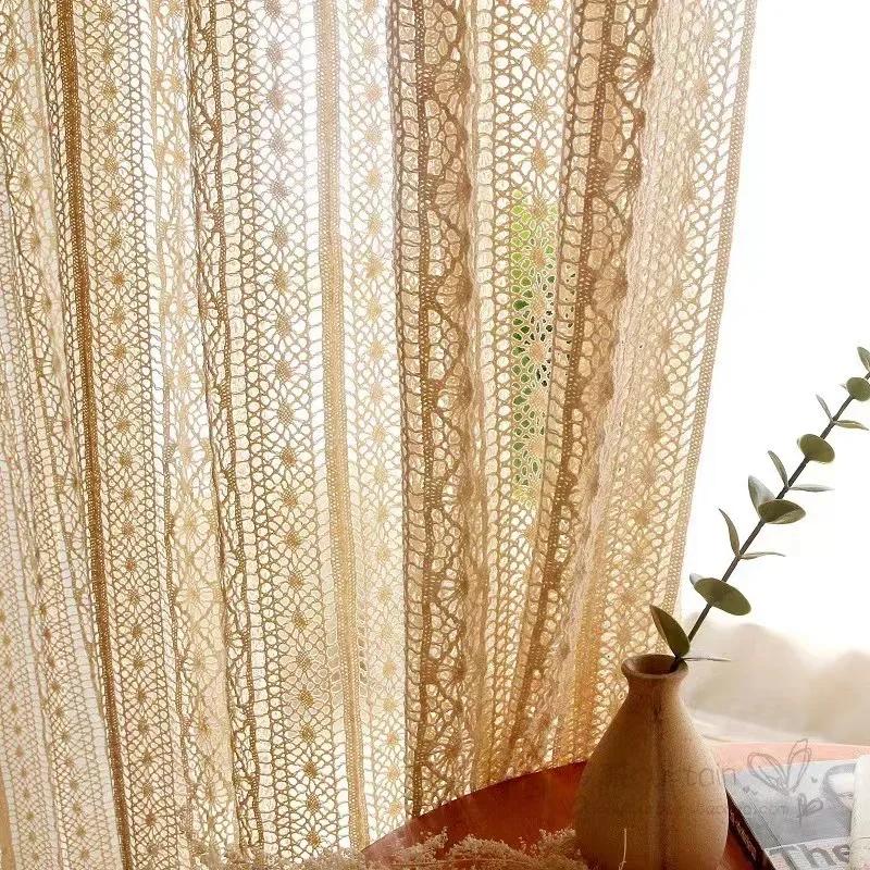 Boho Gordijnen voor Woonkamer Vintage Handgemaakt Haakwerk Boerderij Uitgesneden Breiwerk Kant Stang Lichtfilterende Gordijnen Slaapkamer W150XH150cm&Rod Pocket