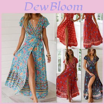 Elegant Women Wrap Summer Boho Floral Short Sleeve Maxi Print Dress For Holidays