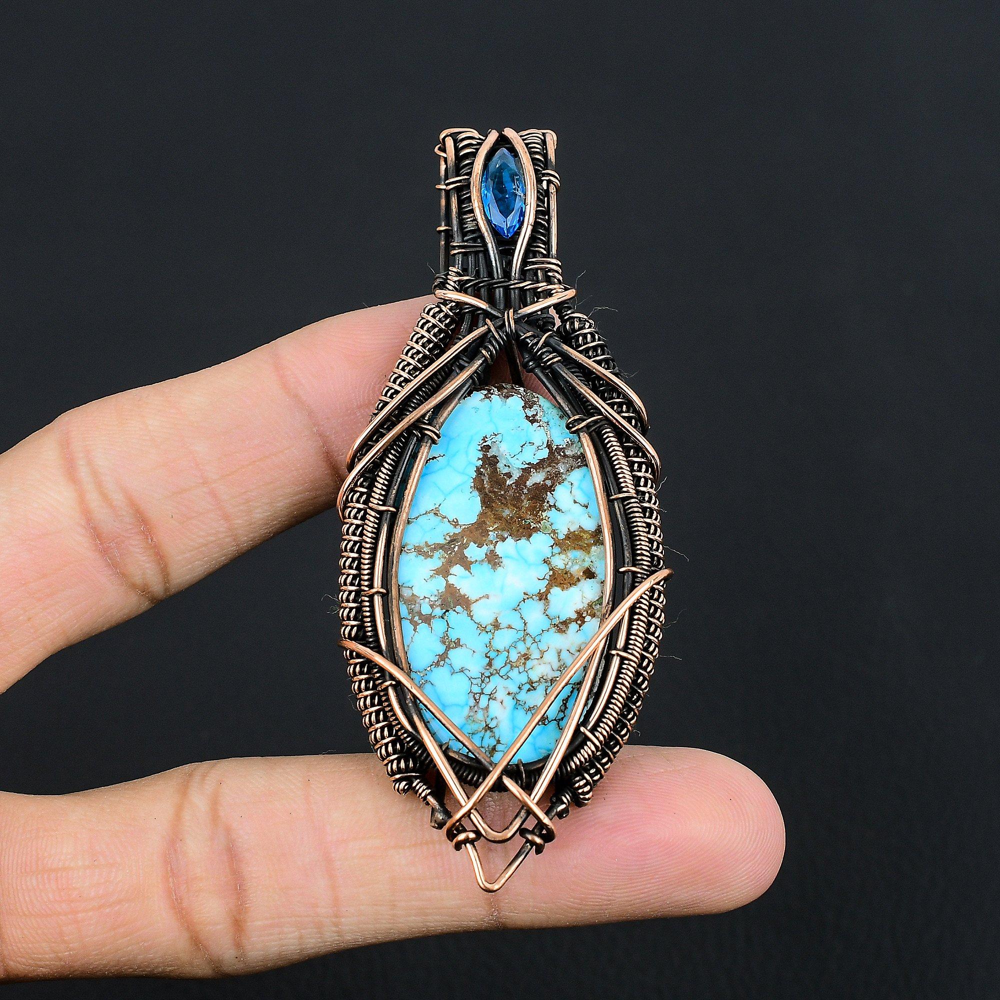 

Tibetan Turquoise & Blue Topaz Pendant, 999 Copper Wire Wrapped Gemstone Jewelry, Handmade Pendant, For Thanksgiving 2.55 Inches