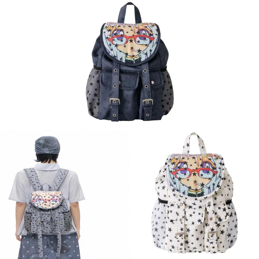 Star Cartoon Print Nylon Backpack With Waterresistant Design For Students And Casual Use