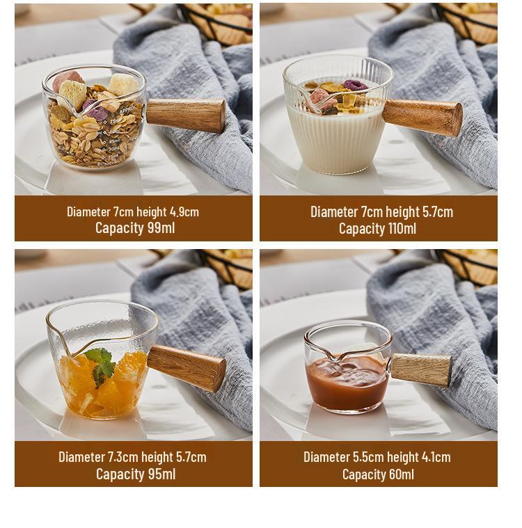 Glass Espresso Bean Measuring Cup with Double Spout, Wooden Handle, and Small Milk Jug