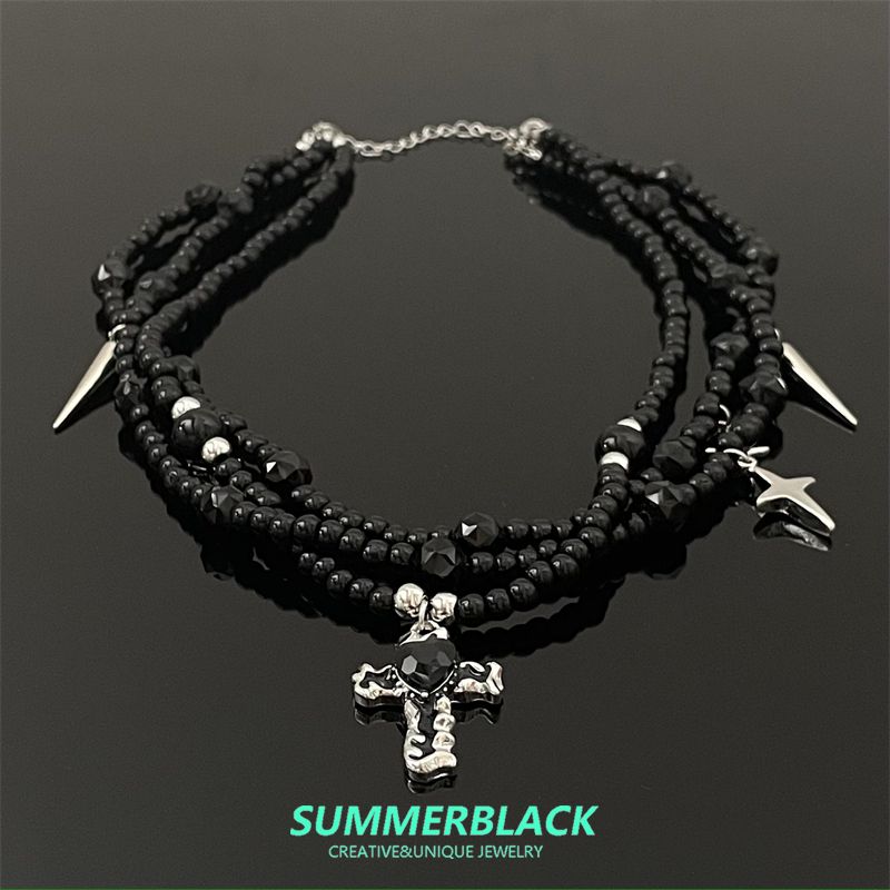 

Gothic Black Beaded Cross Necklace Female Necklace Clavicle Chain Yabi Accessories Fancy Accessible Luxury Niche Accessories Black Beaded Cross Necklace