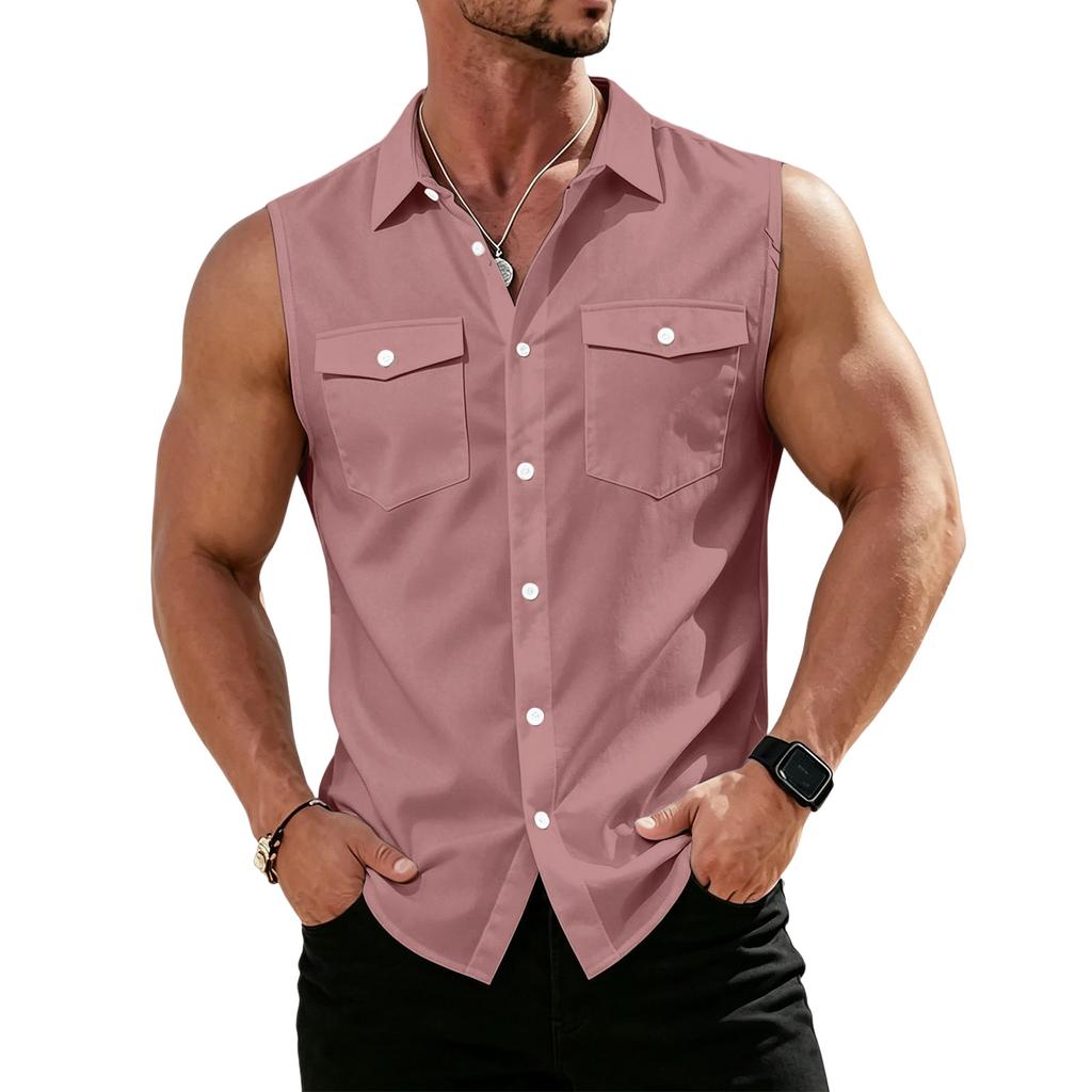 Men's Workwear Lapel Button-Down Vest Shirt - Lightweight Sleeveless Top