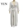 Loose Lace Dress Women V-Neck for Fall, 3/4 Sleeves Maxi with Autumn Outfits Belt, Solid Color Casual Long Vacation Daily Wear Sleeve