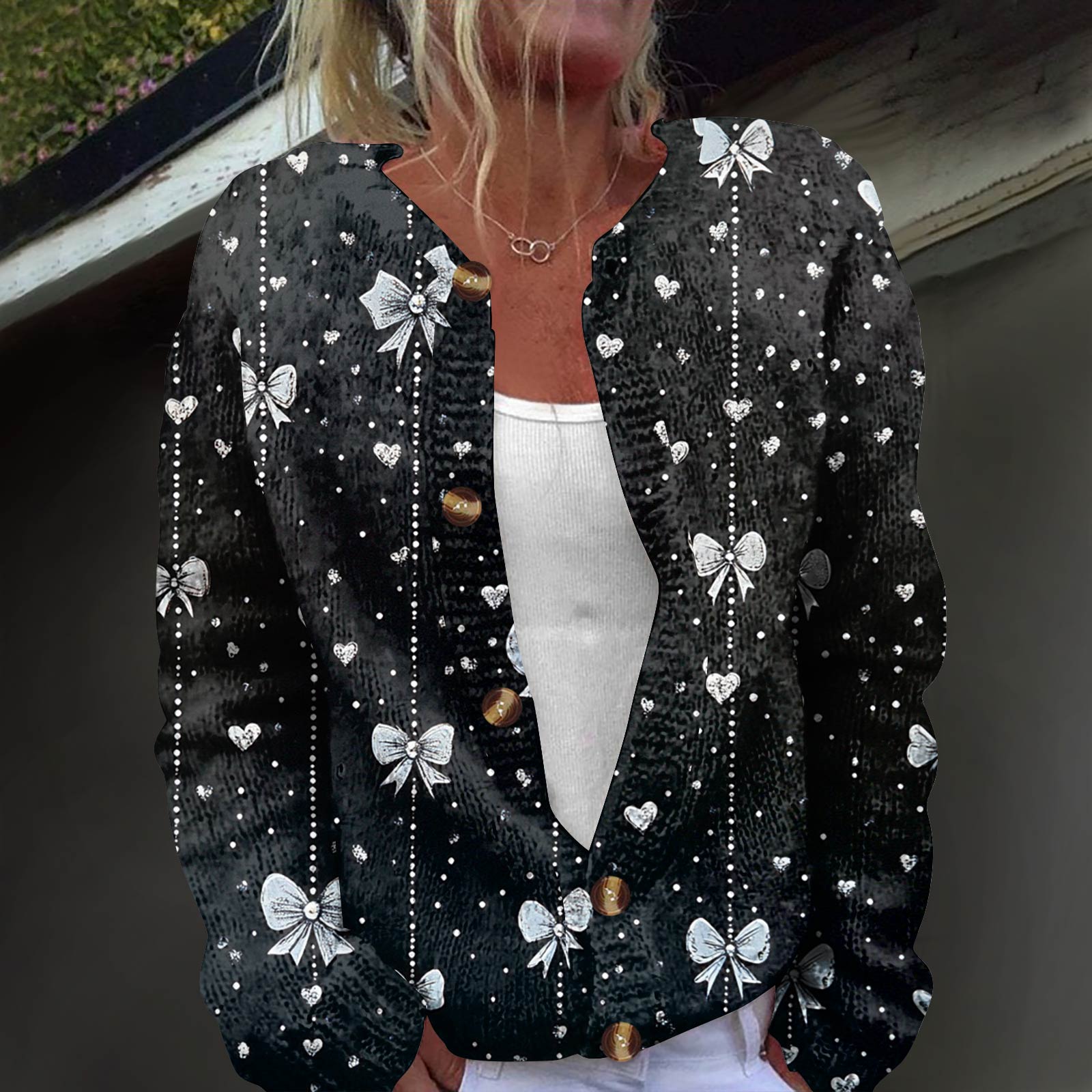 

Women s Fashion Printed Long Sleeve Knitted Cardigan Button Down Jacket XL чорний
