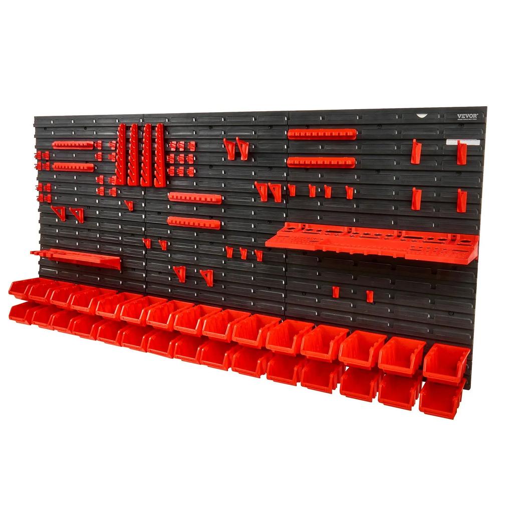 VEVOR Wall Mounted Storage Bins, 30-Bin Parts Rack Organizer Garage Plastic Shop Tool with Wall Panels/Tool Holders/Hooks, Tool Organizer for Nuts