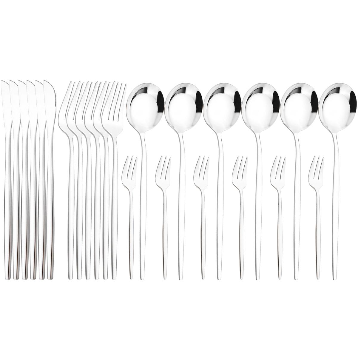 

24 шт., золотой набор столовой посуды, нож, вилка для торта, ложка, столовые приборы, столовые приборы из нержавеющей стали, набор столовых приборов, вечерние кухонная посуда серебряный