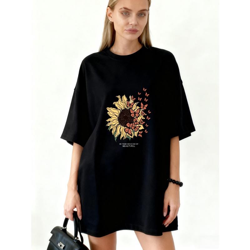 

Oversized T Shirt Dress Black Sunflower And Butterflies Print With Text My Soul Is Full Of Beauty For Casual Wear S чёрный