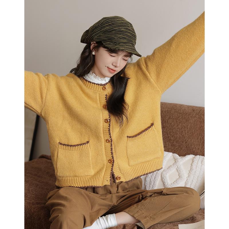 Vintage žlutý pletený kardigan v japonském stylu - Volný střih, Jednořadé zapínání, Malá velikost, Kapsy