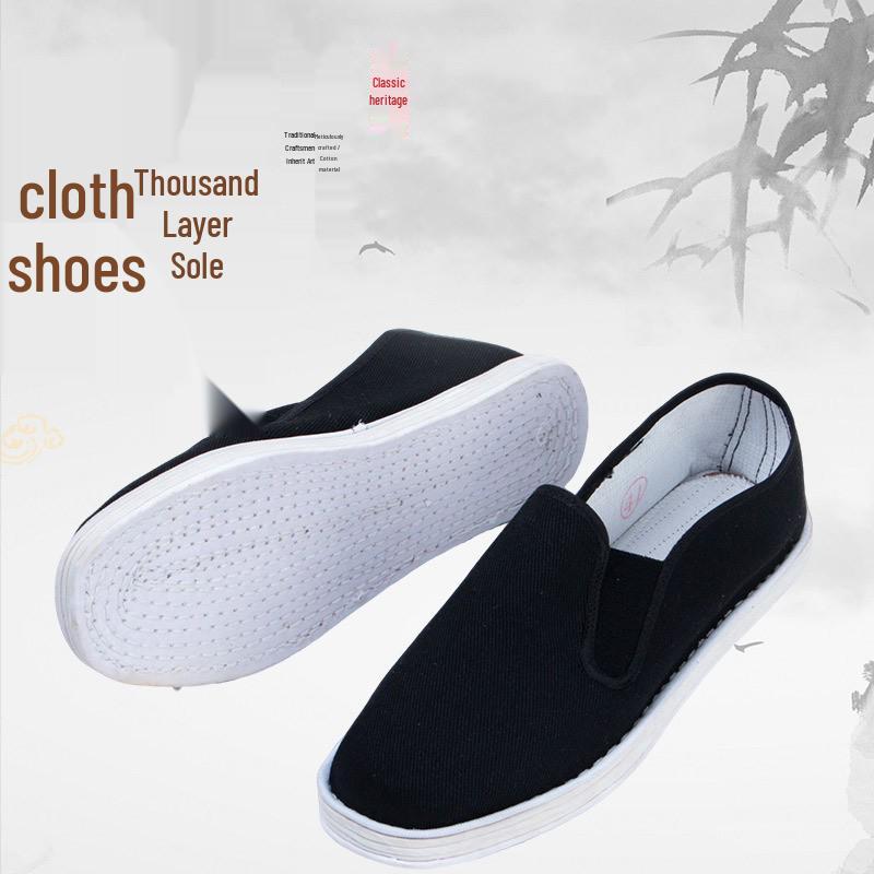Men's Lightweight Black Cloth Slip-On Shoes with Breathable Hemp Rope Sole