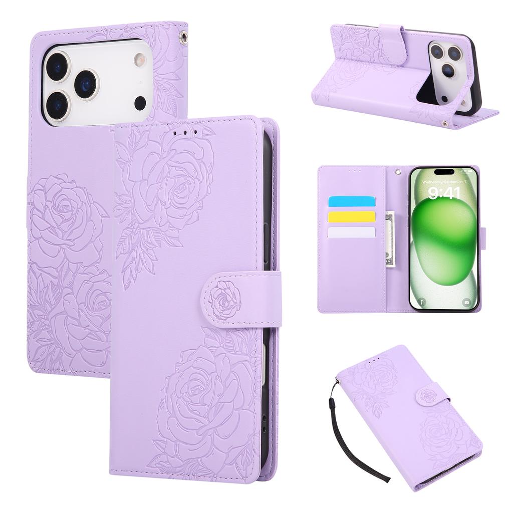 For iPhone 17 Pro Case Rose Flower PU Leather Wallet Phone Cover with 3 Card Slots/Wrist Strap