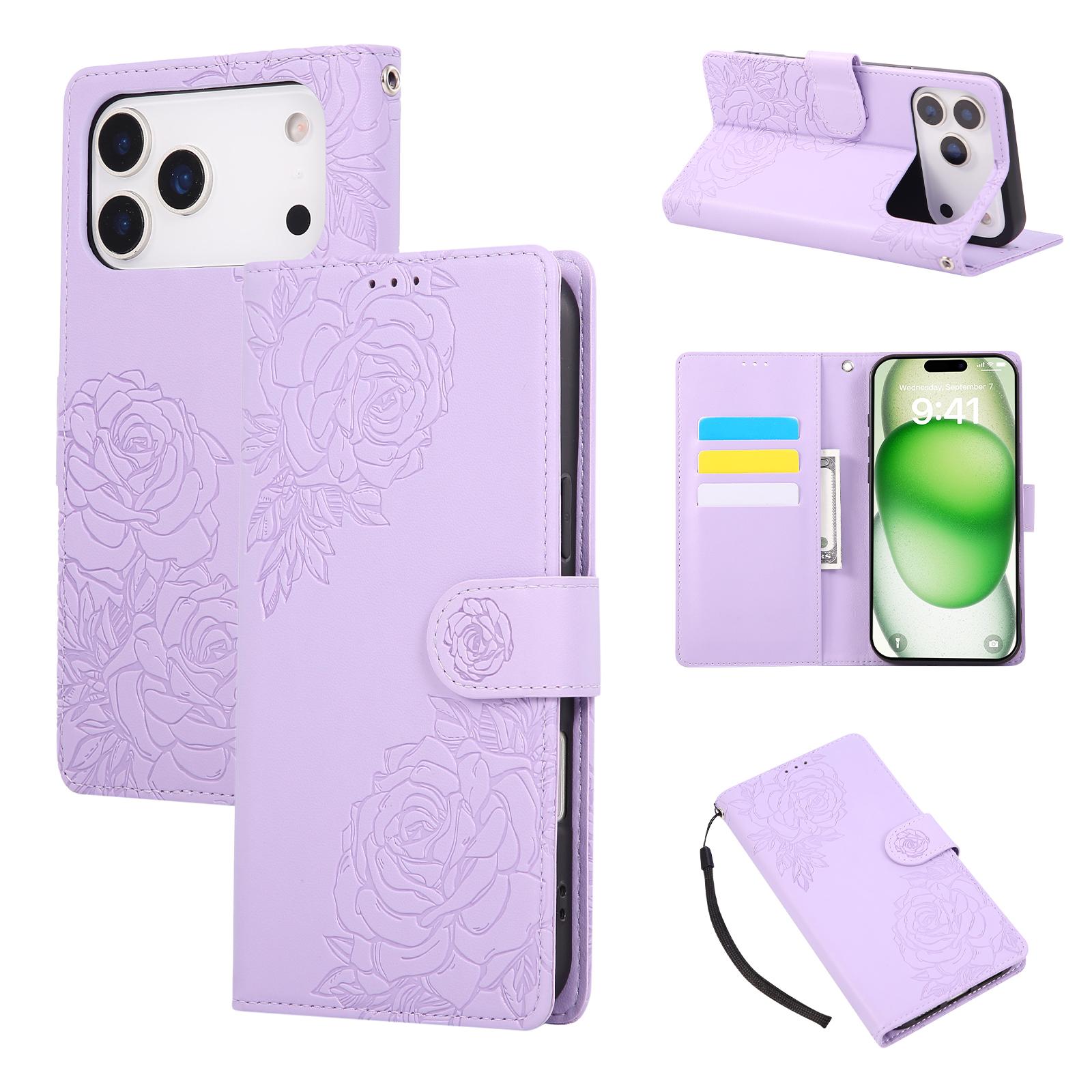 

For iPhone 17 Pro Case Rose Flower PU Leather Wallet Phone Cover with 3 Card Slots/Wrist Strap C