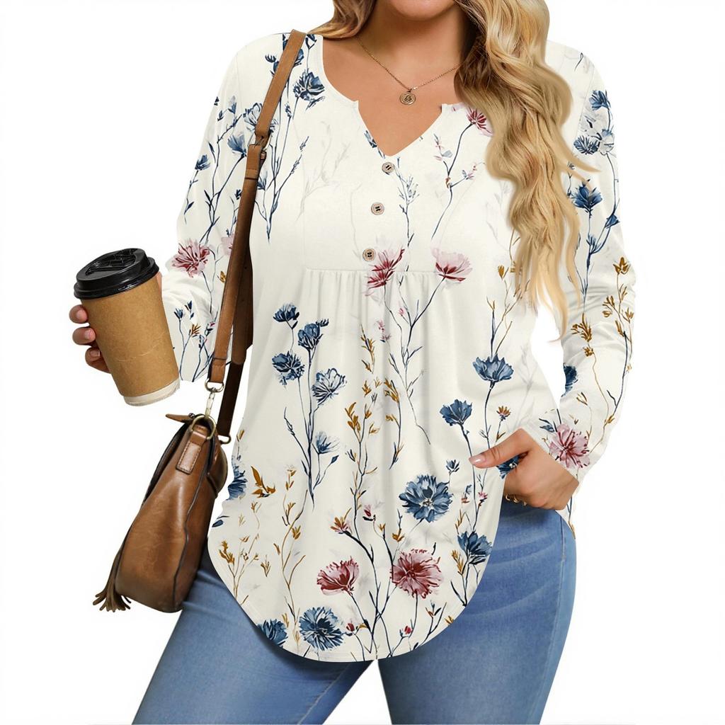 Dámská trička s dlouhým rukávem plus size s výstřihem do V, tunikové topy, základní volná trička