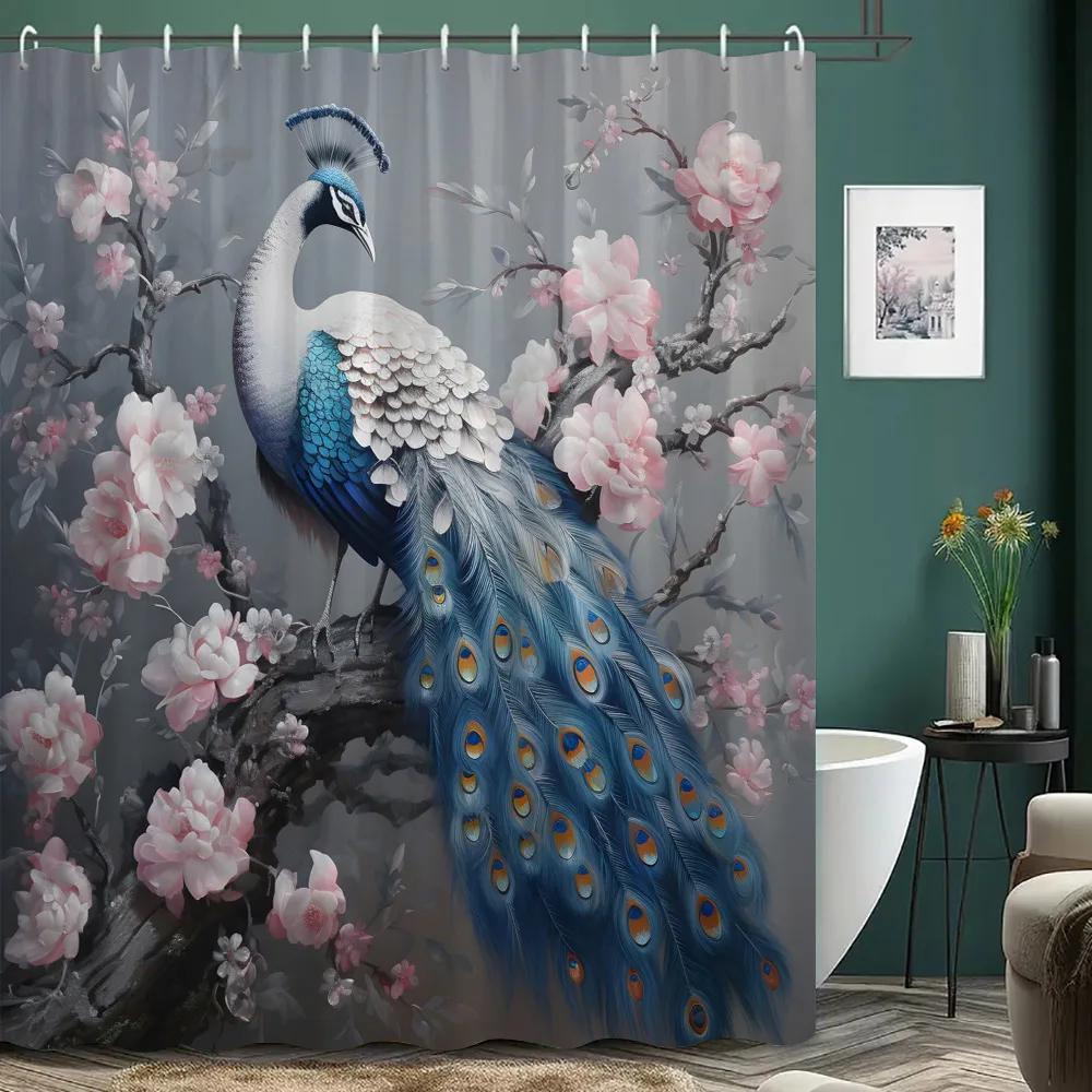 Beautiful Peacock Shower Curtain Blooming Flower Botanical Watercolour Artistic Creation Polyester Shower Curtain Bathroom Dec